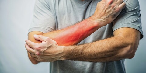 A close-up image of a person's arm showing signs of lateral epicondylitis , elbow pain