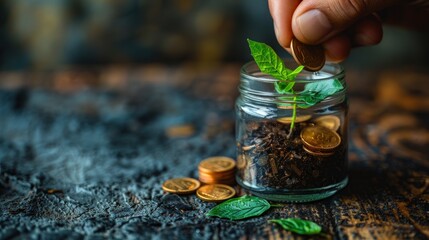 A hand putting coins into a glass jar with a green plant growing out of it.