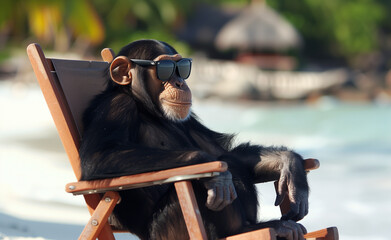 A monkey relaxing on the beach wearing sunglasses generated by AI