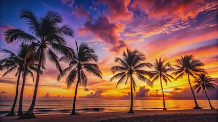 Tropical sunset silhouette on the beach with palm trees and vibrant sky, tropical, serenity, sunset, silhouette, beach