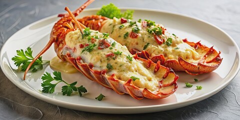 Elegant lobster thermidor dish with creamy cheese sauce on a white plate , Lobster, thermidor, elegant, gourmet