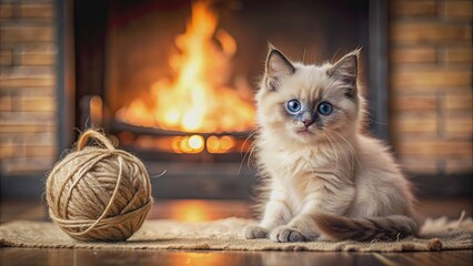 Playful ragdoll kitten playing with yarn ball in cozy living room with fireplace background, ragdoll kitten, yarn ball