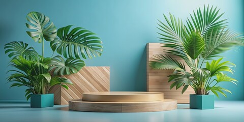 Wooden podium with tropical leaves, geometric shapes