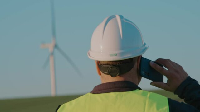 Engineer in hard hat and safety vest talking on phone near wind turbine at sunset
