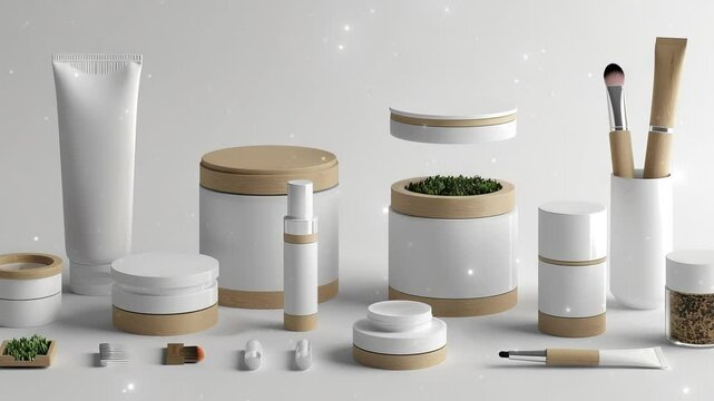 Highresolution product packaging mockups for a natural cosmetics line, featuring ecofriendly materials and minimalist design, perfect for branding presentations.