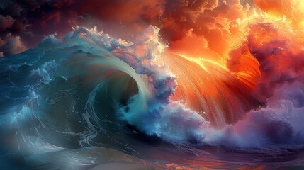 Naklejka premium Dramatic Abstract Ocean Wave with Fiery Sky