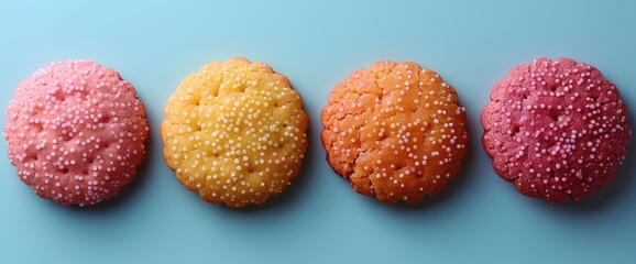 Six Small Cookies In Various Colors, Close Together At One Point On A Blue Background, Creating A Playful Scene