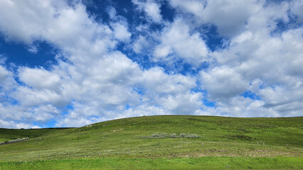 Rural nature landscape of a small hill covered in green grass and a blue sky with white fluffy clouds in a 16_9 aspect ratio.