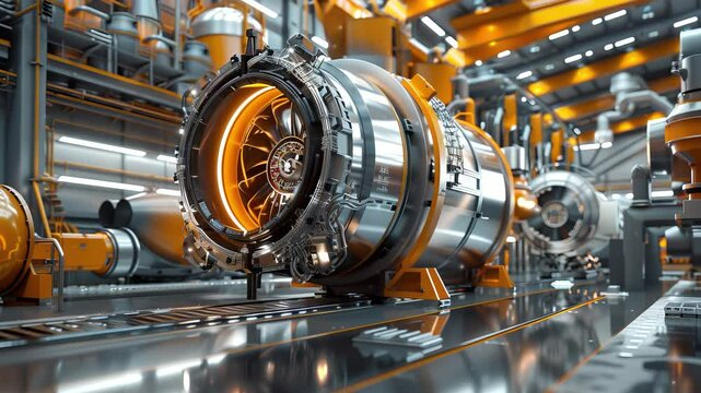 Futuristic rotor plane engine in factory.

