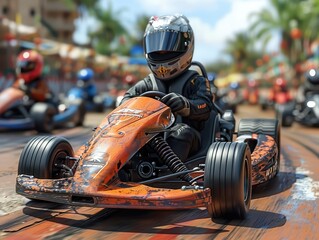 Adrenaline-Fueled Kart Racing Excitement - Young Drivers Maneuvering Tight Corners on a Go-Kart...