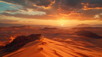 Vast,Arid Desert Landscape with Towering Sand Dunes and Glowing Sunset Skies