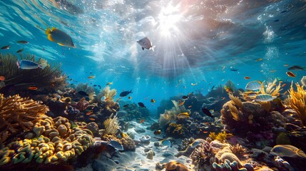 Obraz premium Vibrant Underwater Coral Reef Teeming with Colorful Marine Life and Exotic Sea Creatures