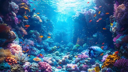 Naklejka premium Vibrant Underwater Coral Reef Teeming with Diverse Marine Life and Tropical Fish