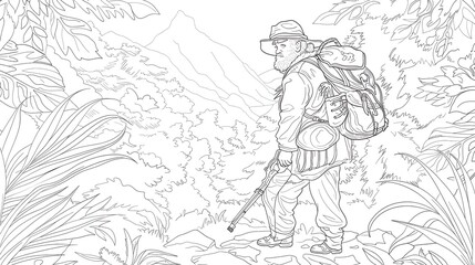 Fototapeta premium kids coloring book pageBushman tracking wildlifeheavy line art, clean line art, simple, only line