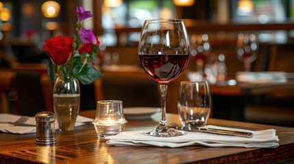 Red wine glass on a table in the dining area of the restaurant