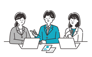 テーブルでミーティング・会話をするスーツのビジネスパーソン（男女）のイラスト素材