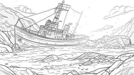Fototapeta premium kids coloring book pageGroupers near a shipwreckheavy line art, clean line art, simple, only line