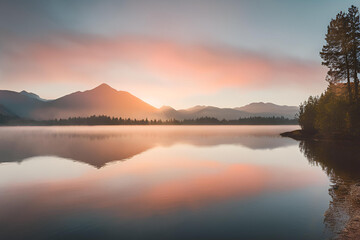 Sunrise over a misty lake with mountains in the background