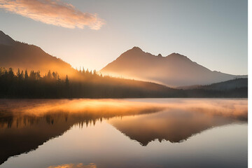 Obraz premium Sunrise over a misty lake with mountains in the background