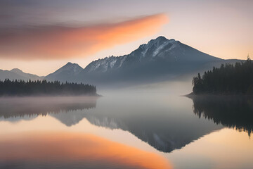 Sunrise over a misty lake with mountains in the background