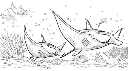 Obraz premium kids coloring book pageManta rays gliding gracefullyheavy line art, clean line art, simple, only line