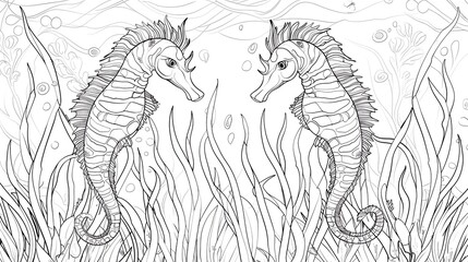 kids coloring book pageSeahorses among seagrassheavy line art, clean line art, simple, only line