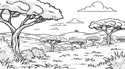 Fototapeta premium kids coloring book pageSerengeti landscape with hillsheavy line art, clean line art, simple, only line