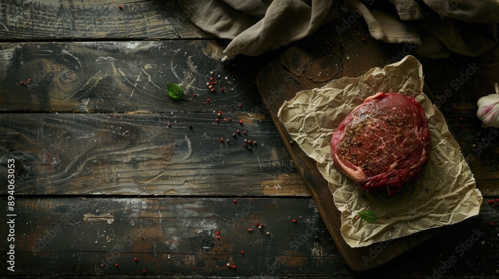 Poster fresh beef cutlet on table with space rustic background overhead view