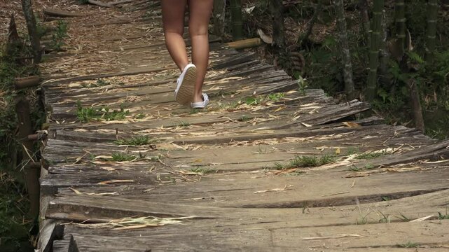 Grupo de personas cruzando un viejo puente artesanal de madera y estibas sobre un rio tropical