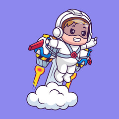 Cute Astronaut Man Flying with Rocket Cartoon Vector Icon Illustration