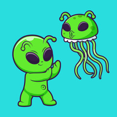  Cute Alien with Jellyfish Alien Cartoon Vector Icon Illustration