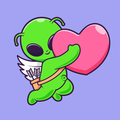Cute Angel Alien Holding Love Heart Cartoon Vector Icon Illustration
