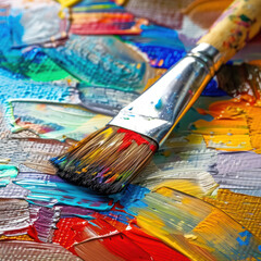 Fototapeta premium Close-Up of a Paintbrush on a Colorful Palette