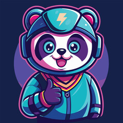 Neon panda avatar vector-style image of a cute panda with a motorcycle helmet gives a thumbs up