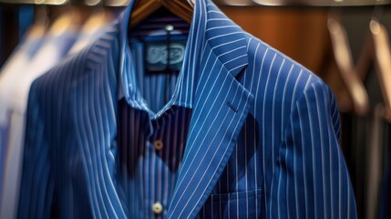 Men s blue striped shirt and suit on hanger