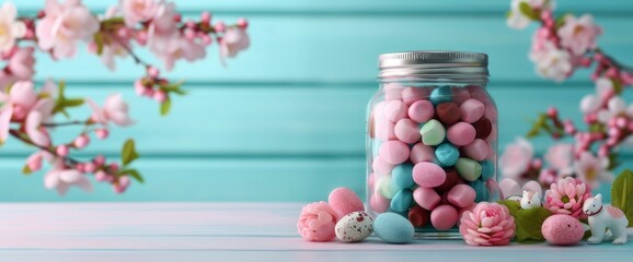 Easter Candies In A Jar And Bunnies On A White Wooden Table, Creating A Festive Scene