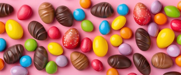 Fototapeta premium Easter Candy, Chocolate Eggs, And Jellybeans On A Pink Background, Colorful And Festive
