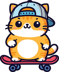 Naklejka premium Cute animals vector sticker, funny, little, cute, cat playing skateboard, mascot cartoon character