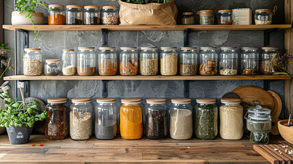 Fototapeta premium Eco-Friendly Zero Waste Modern Kitchen with Glass Jars, Reusable Bags, and Compost Bin