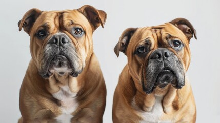 Fototapeta premium Studio portrait of adorable bulldogs on white backdrop