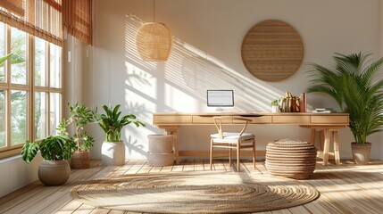 Serene Zen-Inspired Workspace with Natural Materials and Calming Colors