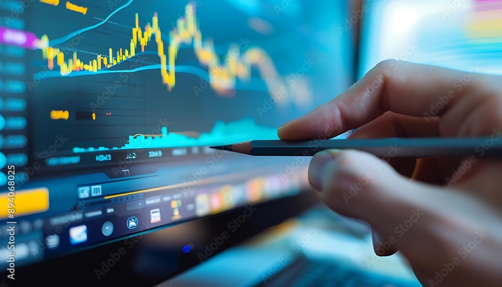 Aufkleber hand pointing at stock market data on a computer screen