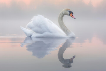 Fototapeta premium Graceful Swan Gliding on Serene Lake at Dawn