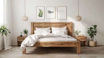 Simple wooden bed and botanic prints in minimalist interior