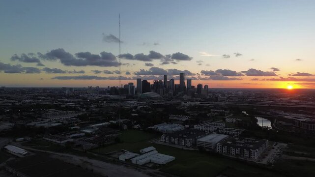 Downtown Houston, Texas during sunset from a drone