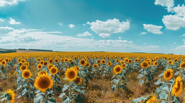 Endless sunflower field in the summer harvest theme panoramic landscape