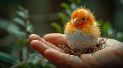 Obraz premium A photo of an egg with yellow hair and feathers, being held in the hand of someone who is about to eat it.
