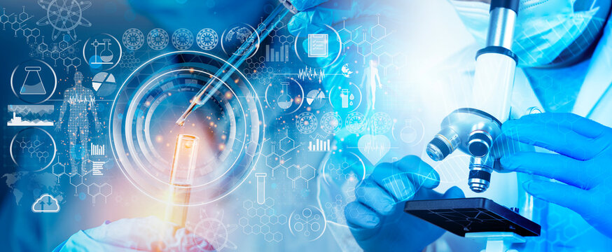 Research and developement concept background of scientist or reseacher using microscope in biotechnology laboratory.