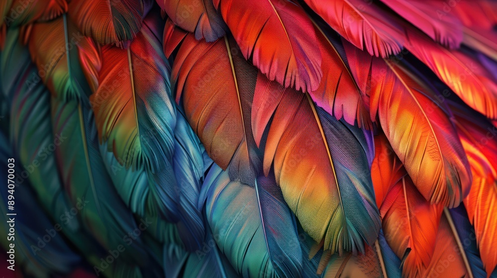 Poster an image that appears like a close-up of colorful bird feathers, with intricate details and vibrant 