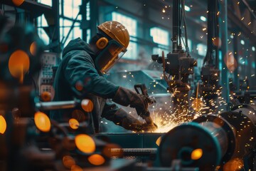 Fototapeta premium Factory Worker Operating Heavy Machinery